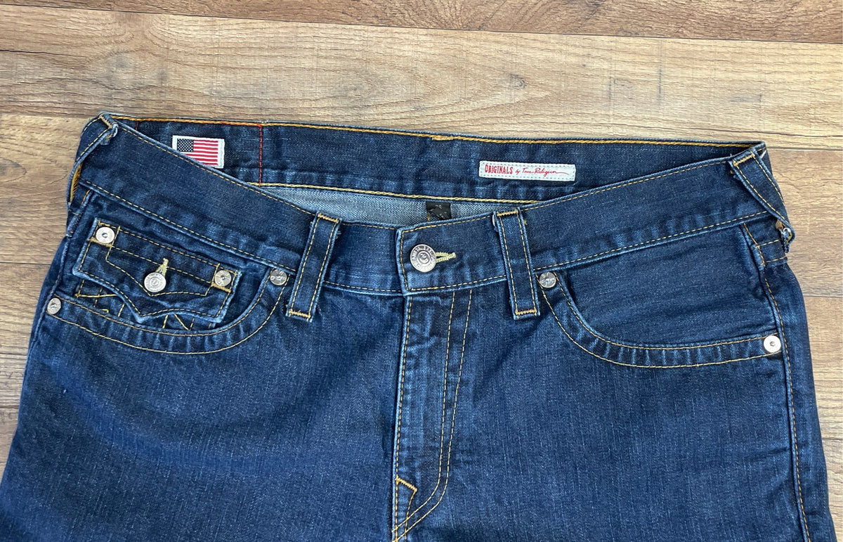 True Religion Men's Indigo Cutoff Denim Shorts Horseshoe Flap Pockets Sz 36