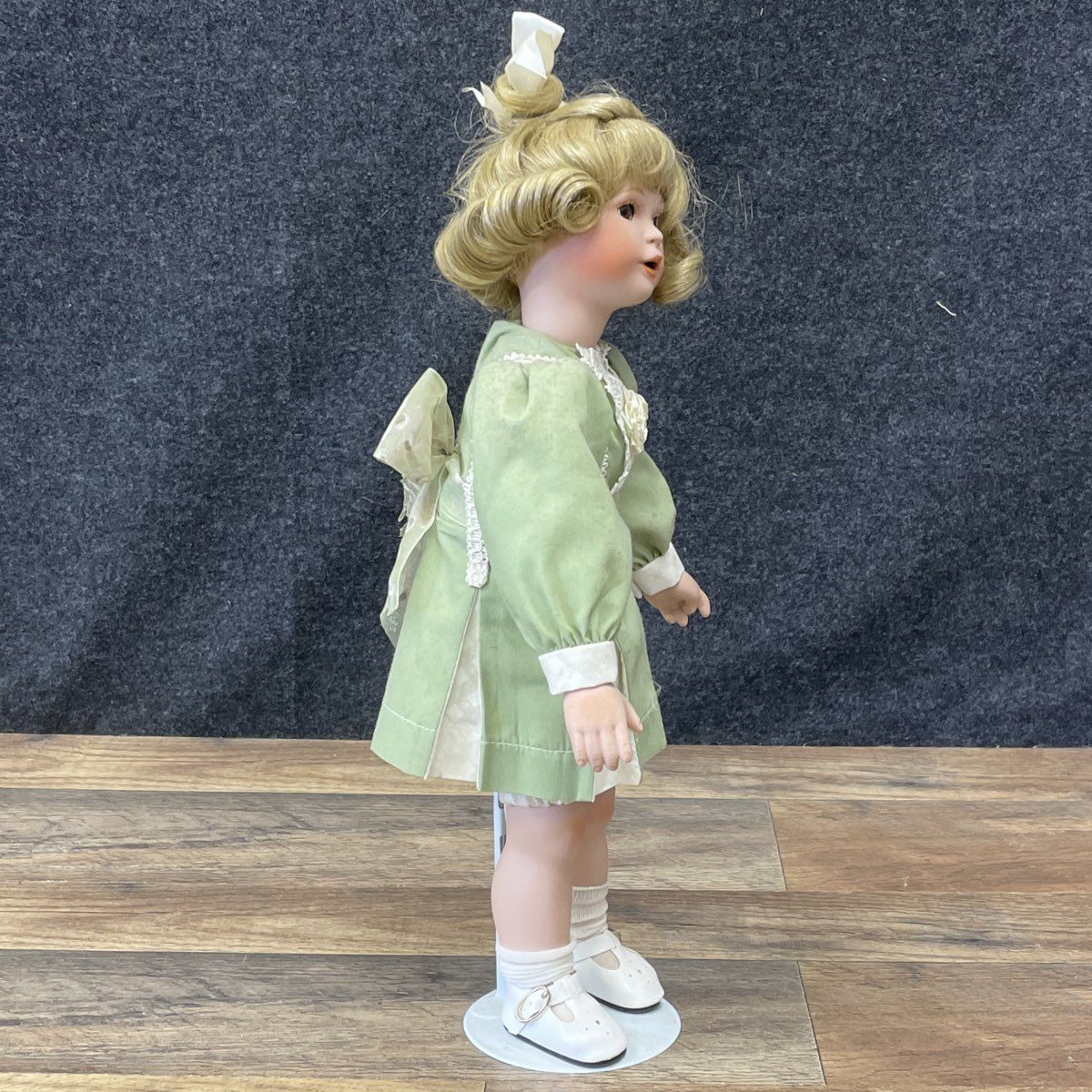 Vintage Porcelain Doll 16" Blonde Hair Brown Eyes Green Dress Lace Trim