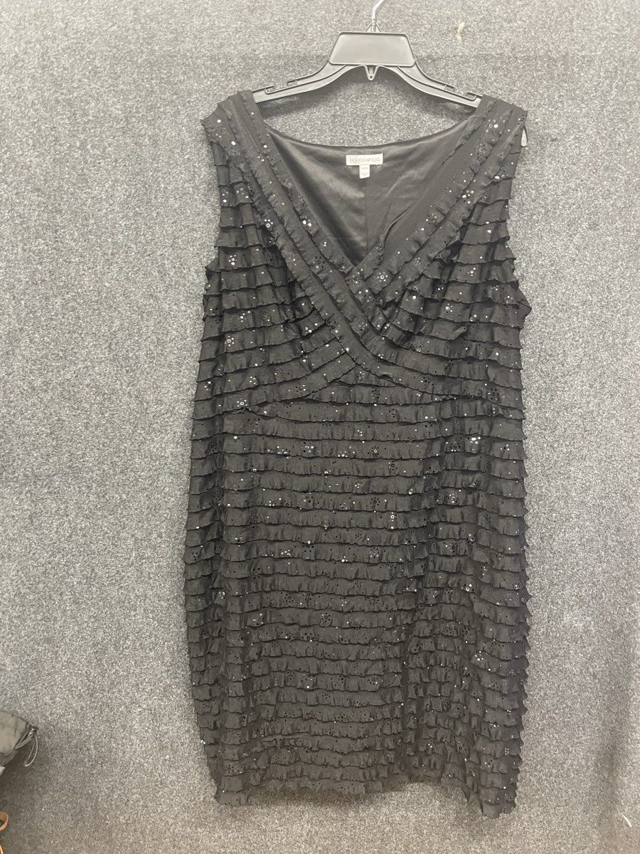 Fashion Bug Women's Black Ruffle Tiered Sequin Eyelet V-Neck Dress Sz 22W