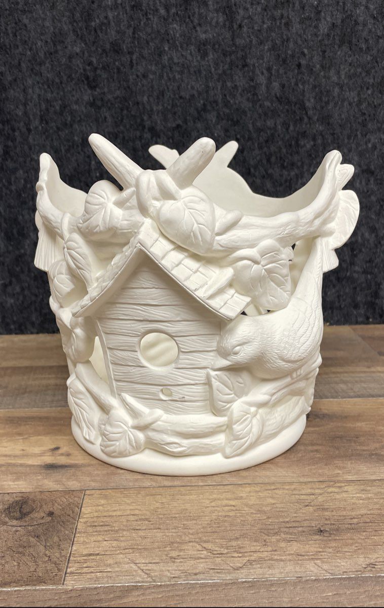 Vintage Bisque Ceramic Votive Candle Holder Birdhouse Birds Branches Openwork
