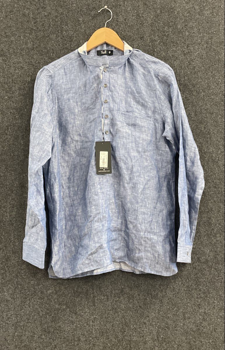 Yell Men's 100% Linen Band Collar Popover Shirt Blue Floral Trim Sz M NWT