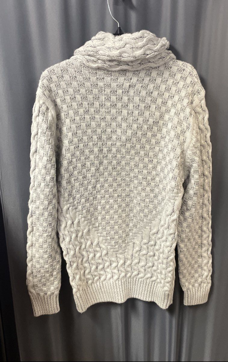 Leif Nelson Men's Gray Shawl Neck Buckle Strap Basketweave Knit Sweater Sz XL