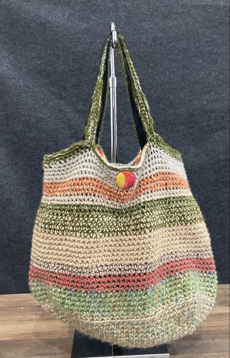 Earth Tone Multi-color Crochet Knit Reversible Tote Bag Large Bohemian Purse