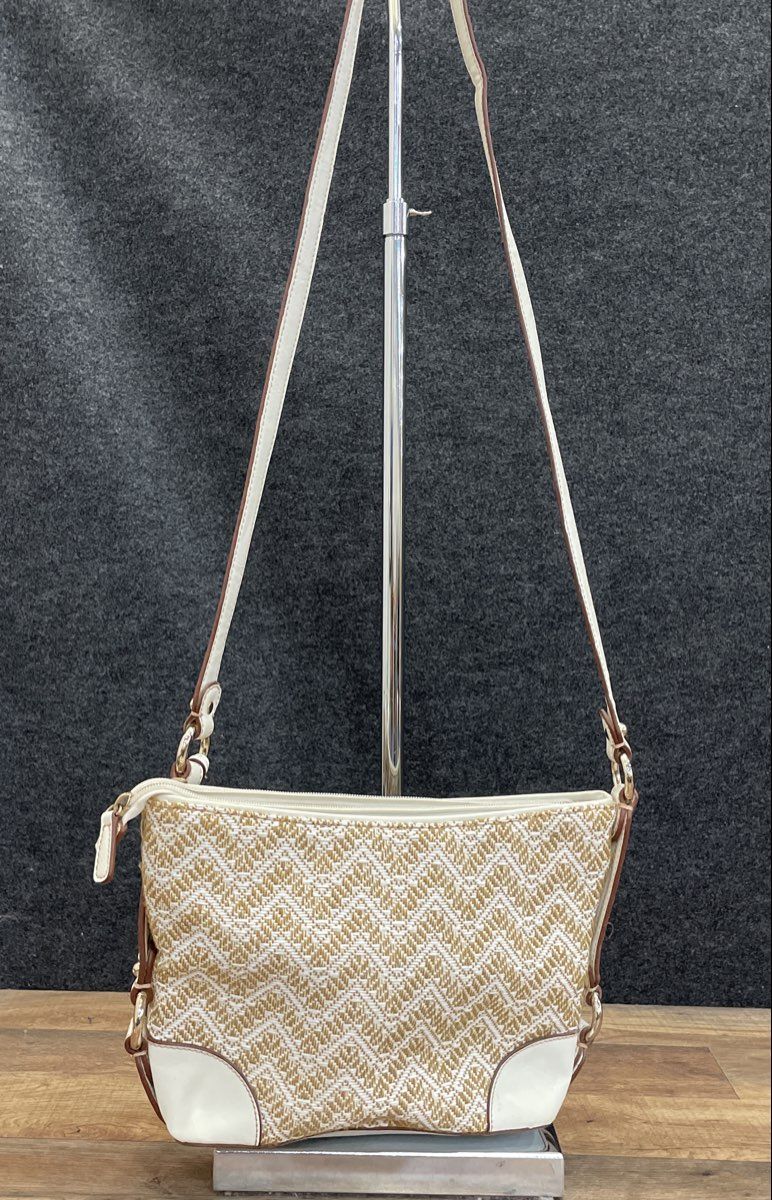 Etienne Aigner Beige White Woven Straw Chevron Crossbody Shoulder Bag