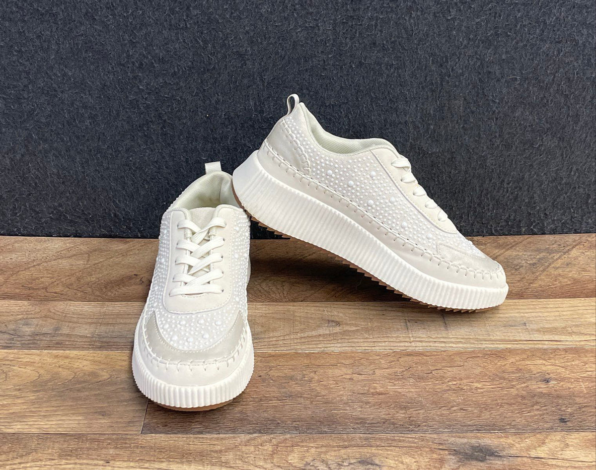 Nicole Miller New York Beaded Cream Platform Fashion Sneakers Women's Size 8.5