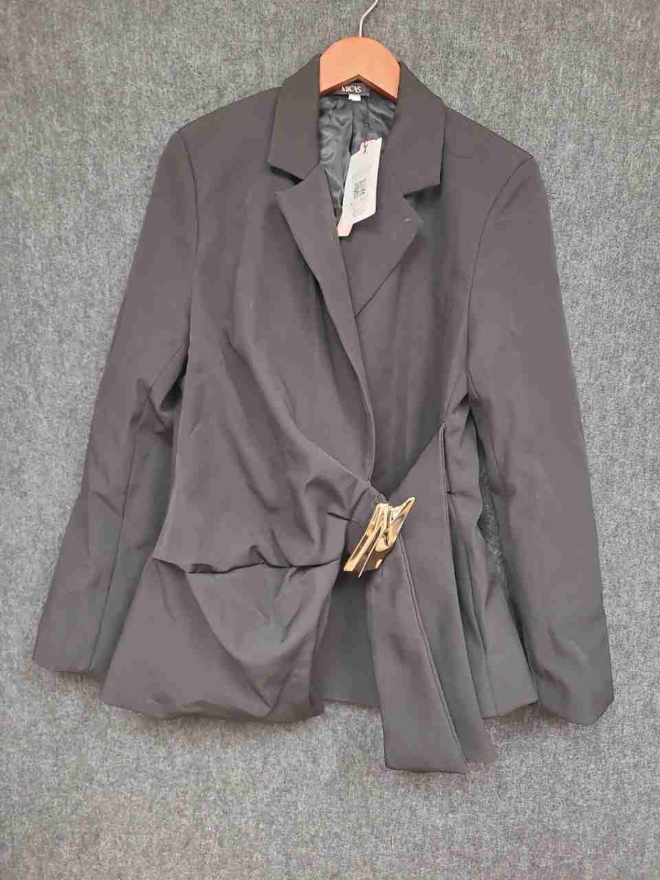 MICAS Women's Black Asymmetrical Gold Buckle Draped Blazer Sz L NWT
