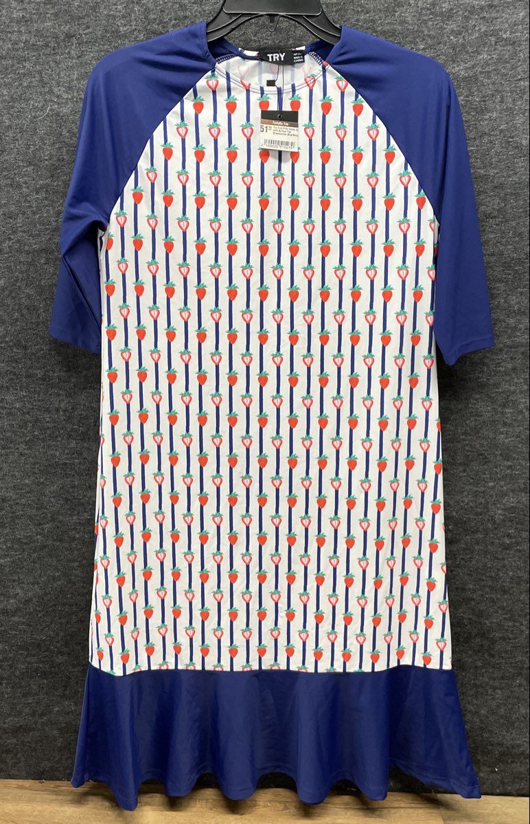 TRY Women's Strawberry Print Swim Cover Up Dress Blue Stripe Ruffled Tier Sz 18