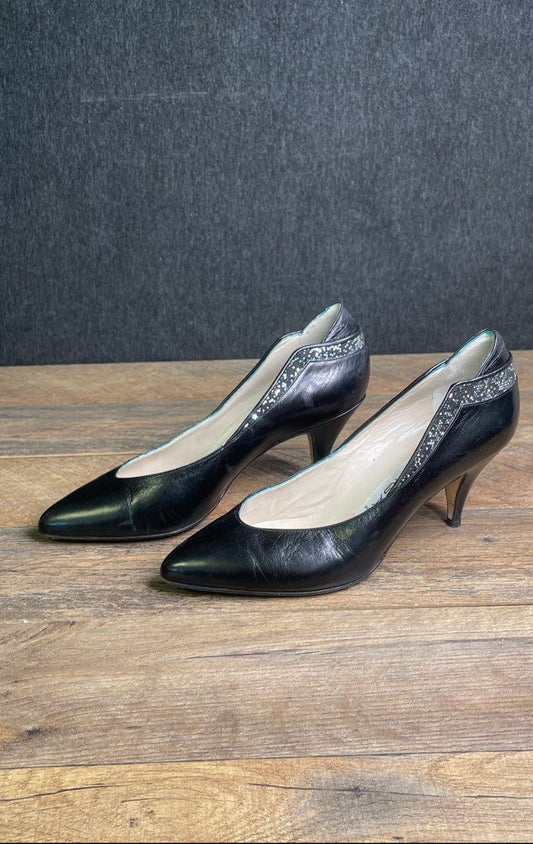 Vintage 80s Via Spiga Black Leather Glitter Pointed Toe Pumps Heels Size 5.5B