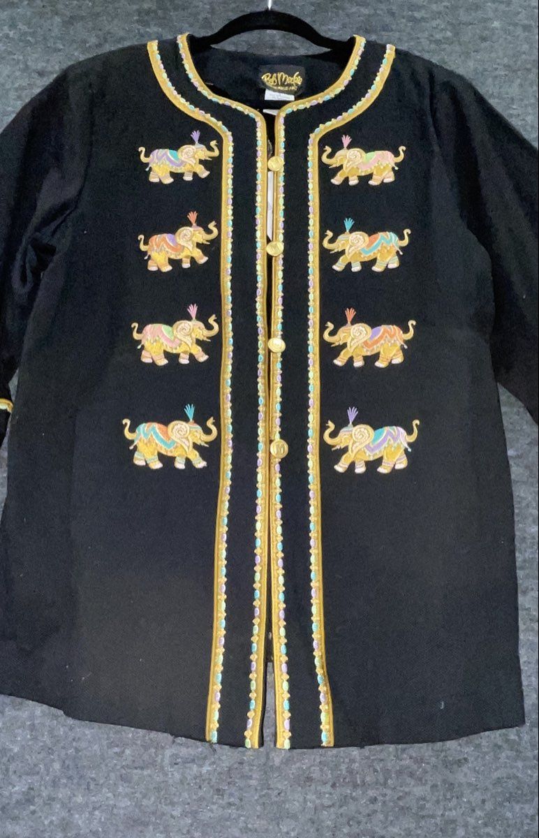 Vintage Bob Mackie Wearable Art Women's Black Embroidered Elephant Jacket Size S