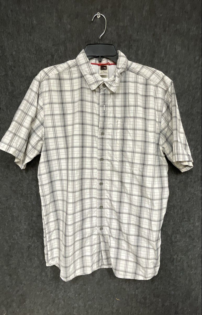 The North Face Men's Short Sleeve Button Up Shirt White Grey Plaid Hiking Sz L