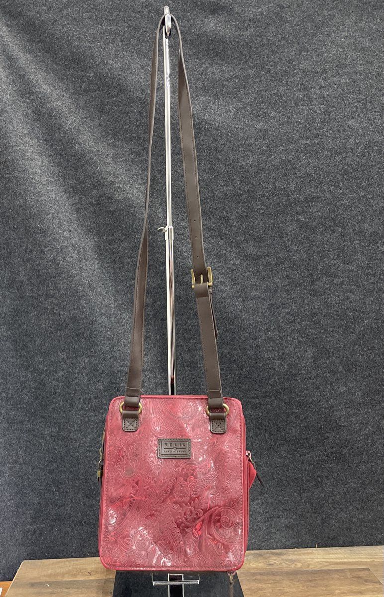 Relic Red Paisley Embossed Leather Crossbody Shoulder Bag Brass Hardware