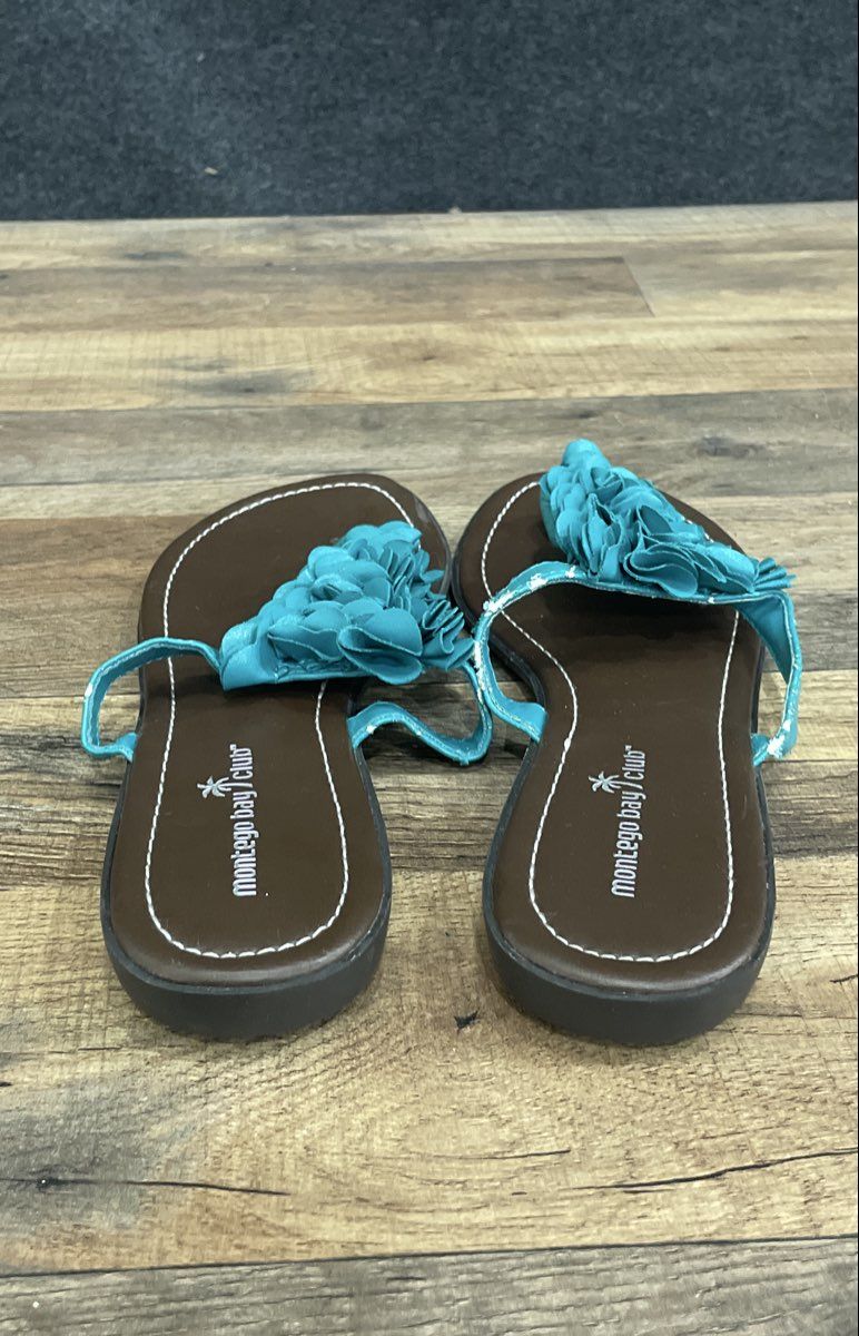 Montego Bay Club Teal Blue Ruffle Petal Slip On Slide Sandals Women's Size 8.5