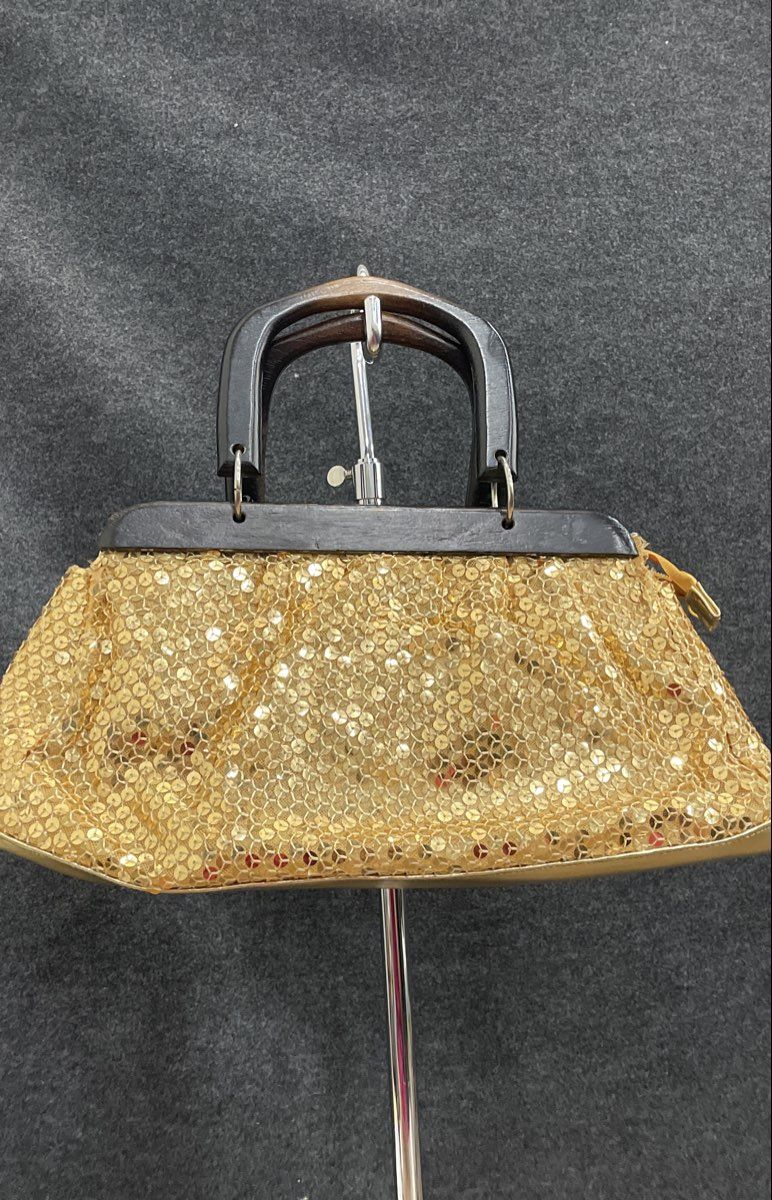 Unbranded Vintage Gold Sequin Bedazzled Purse Wood Handle Handbag