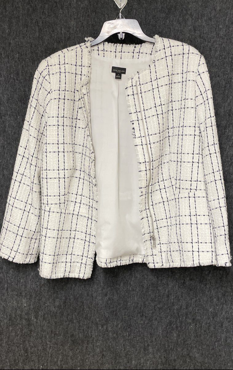 Ann Taylor Factory Women's White Black Tweed Plaid Frayed Trim Zip Jacket Sz 14