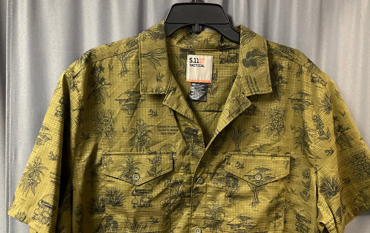 5.11 Tactical Men's Green Edible Wild Plants Mushroom Button Up Shirt Sz XL