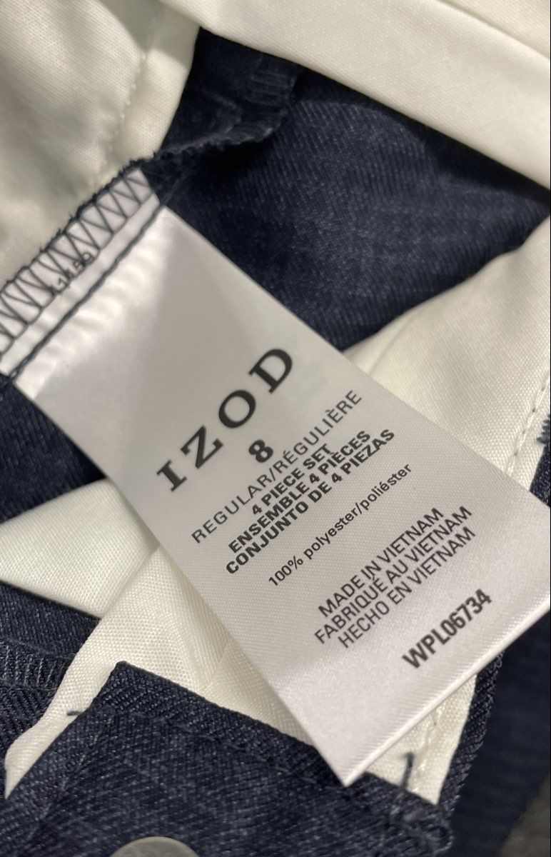 IZOD Boys 4-Piece Suit Set Navy Blue Pink Plaid Shirt Vest Pants Bow Tie Sz 8