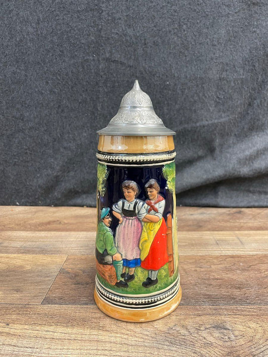 Vintage W. Germany Beer Stein 3003 Lidded Mug Cobalt Blue Tavern Scene