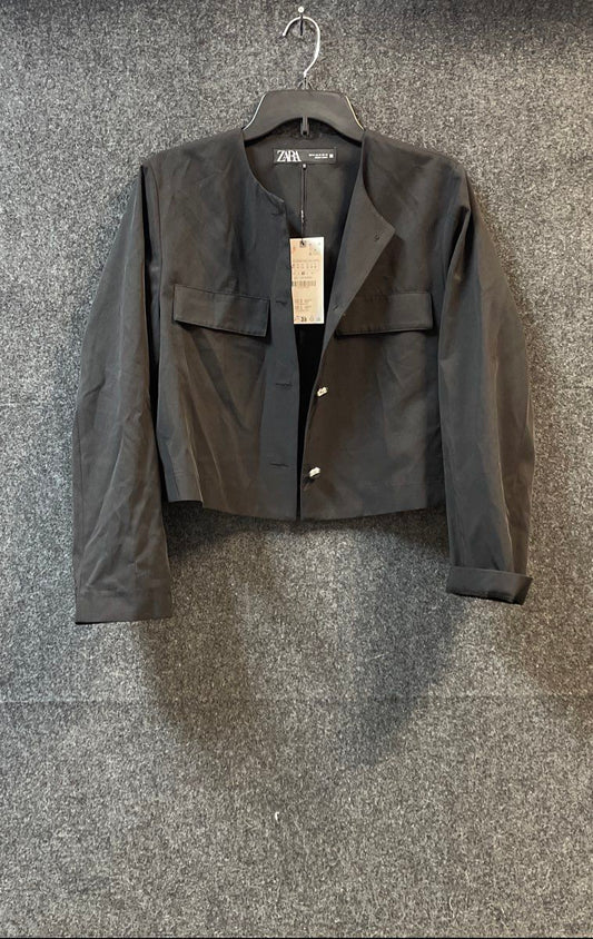 Zara Women's Black Cropped Collarless Cotton Blend Snap Front Jacket NWT Sz M