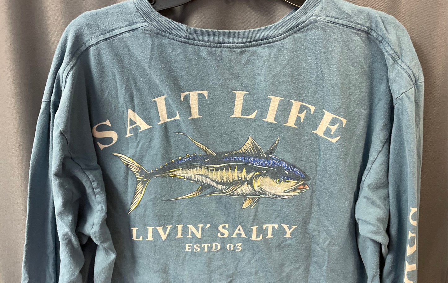 Salt Life Men's Blue Long Sleeve Pocket T-Shirt Livin' Salty Tuna Graphic Sz L
