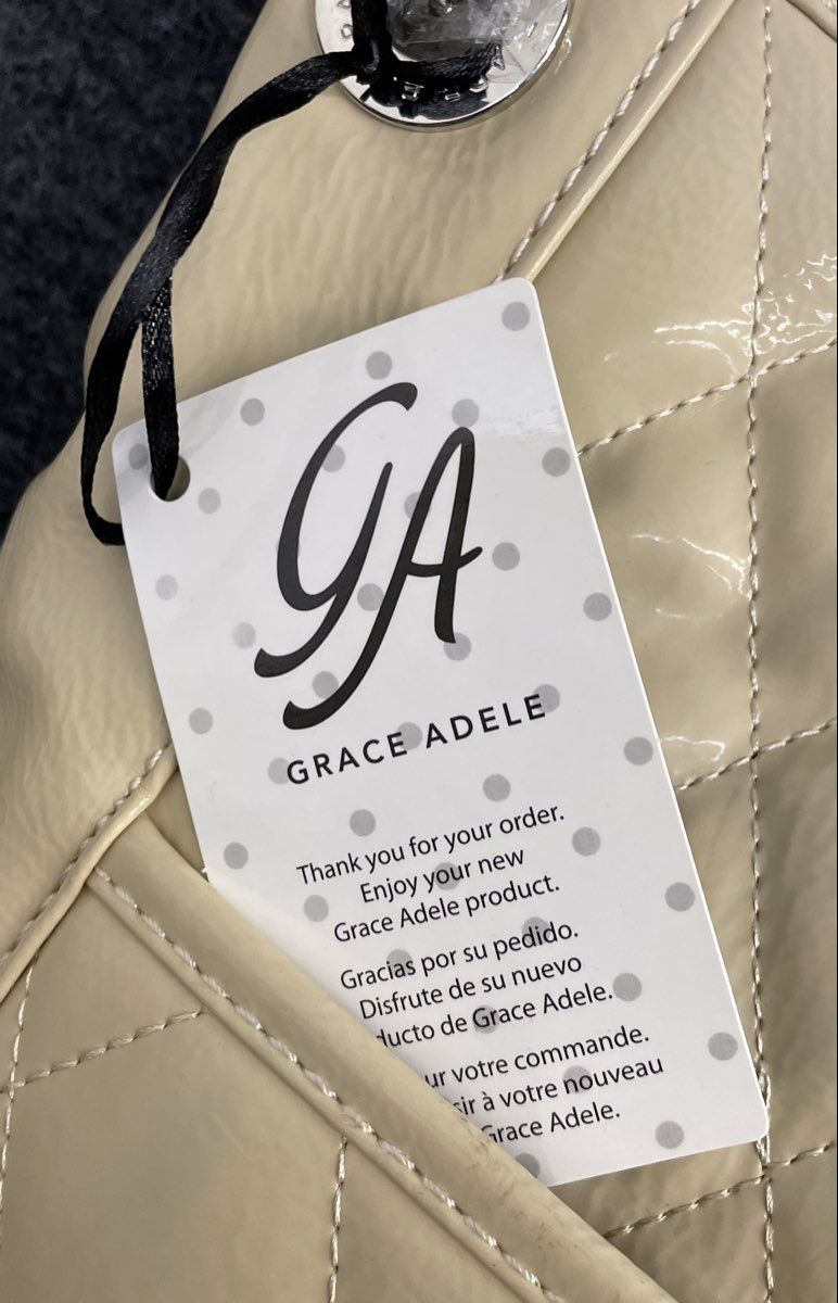 NWT Grace Adele Cream Quilted Patent Faux Leather Shoulder Bag Purse