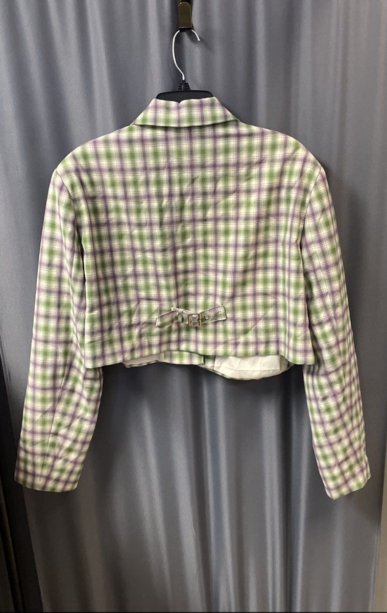 Collusion Women's Green Purple Plaid Cropped Blazer Jacket Size 8