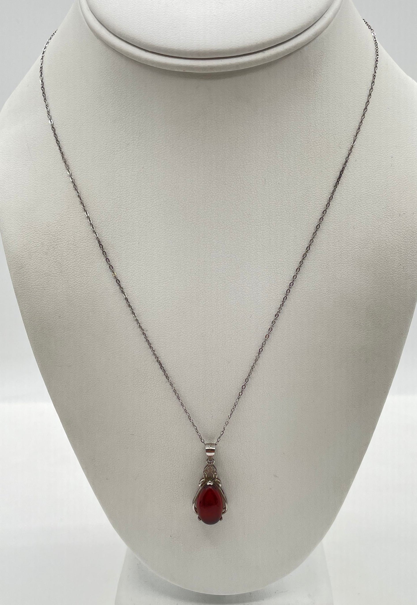 925 Sterling Silver Teardrop Amber W/ CZ Accents Pendant Necklace 2.1g