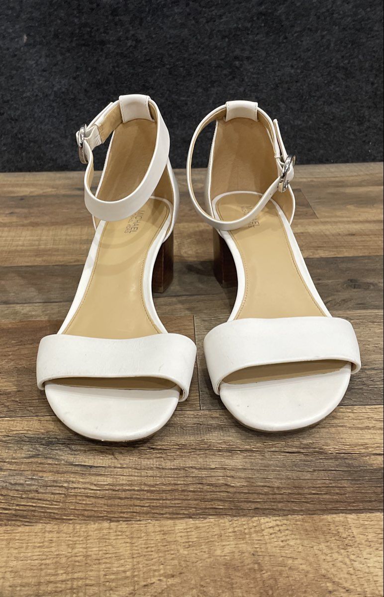 Michael Kors White Leather Block Heel Ankle Strap Sandals Women's Size 9.5