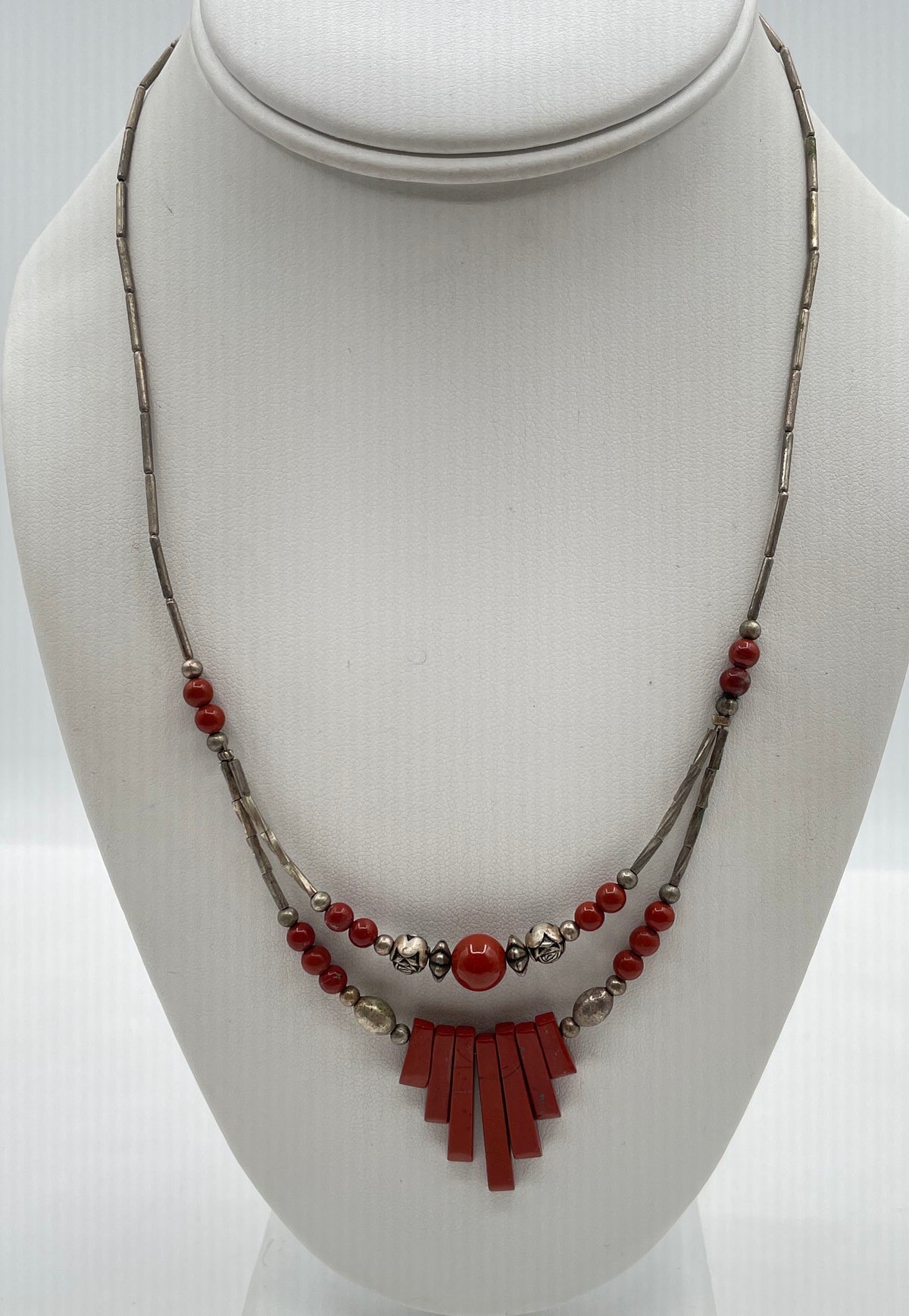 Mixed Metal Red Jasper Southwestern Style Double Strand Beaded Necklace 12.2g