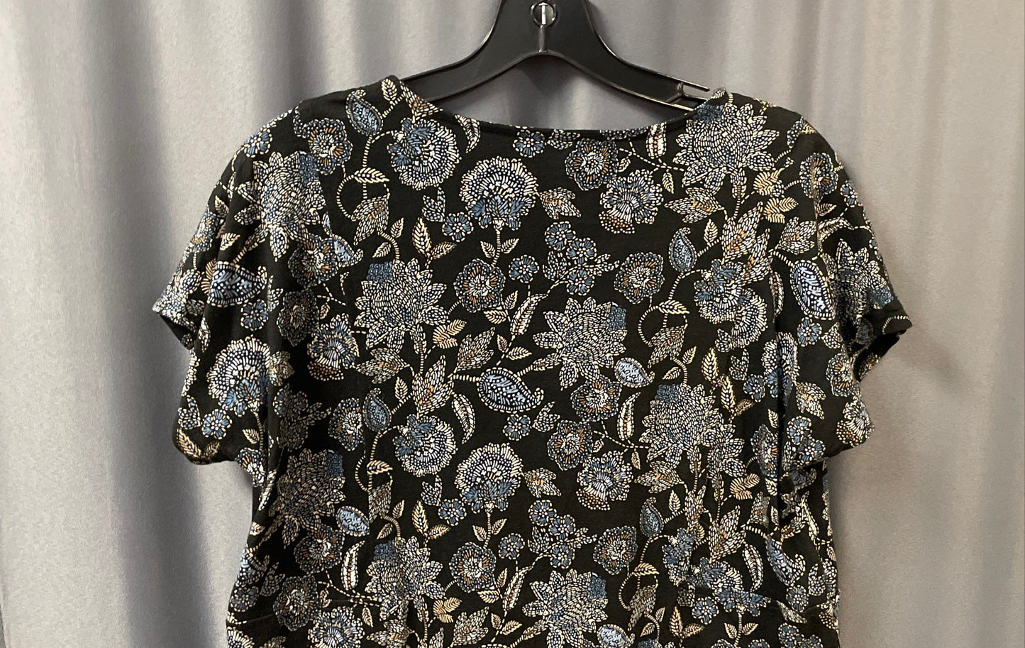 Purejill Women's Black Blue Floral V-Neck Organic Cotton T-Shirt Dress Sz S