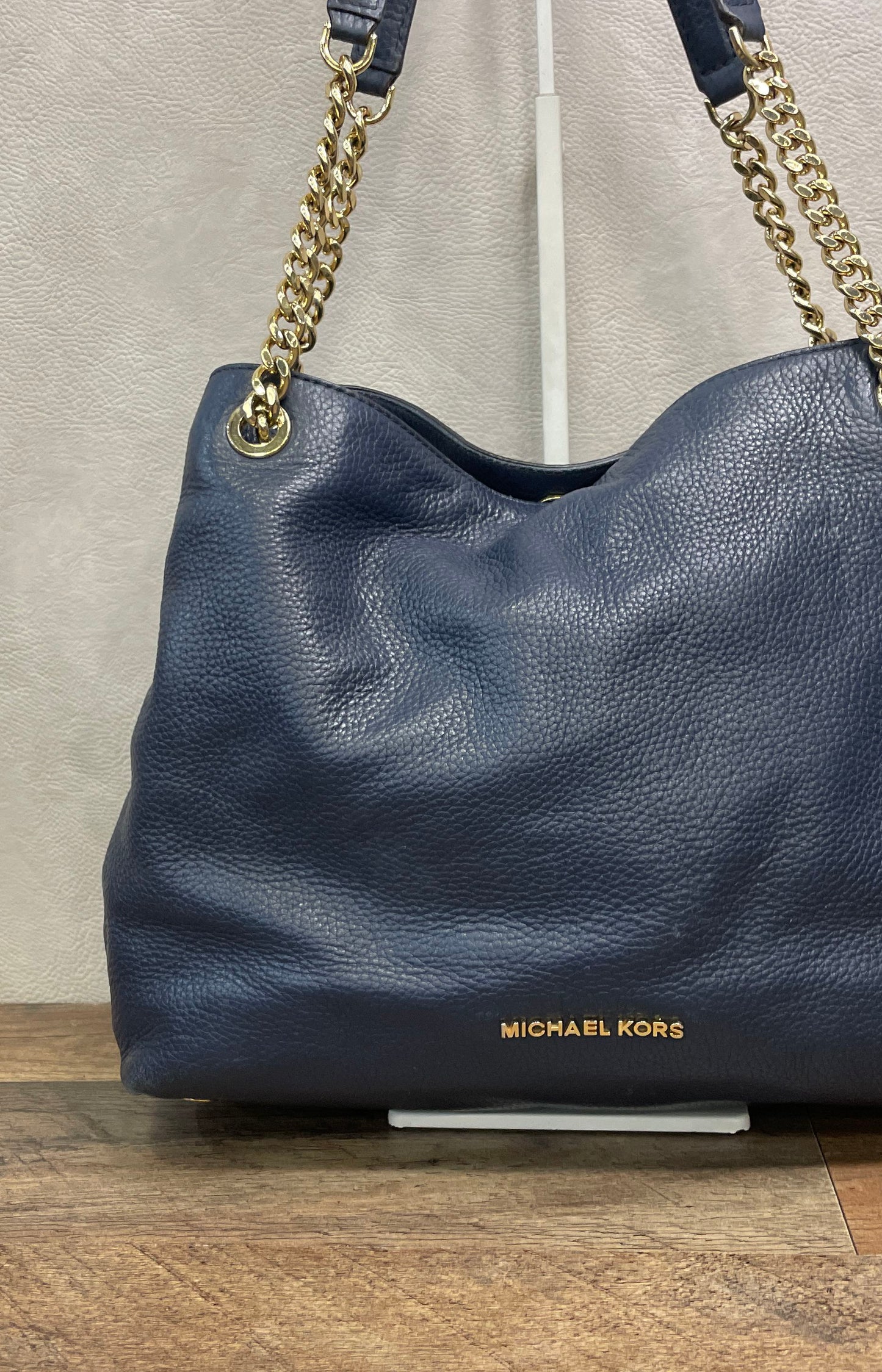 Michael Kors Navy Blue Pebbled Leather Chain Hobo Shoulder Bag Gold Hardware