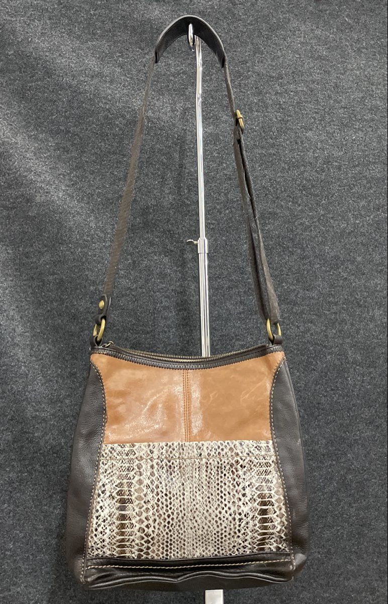 The Sak Brown Leather Snakeskin Print Crossbody Bag Brass Hardware