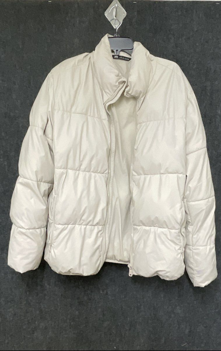 ZARA Women's Cream Off-White Quilted Funnel Neck Padded Puffer Jacket Sz L