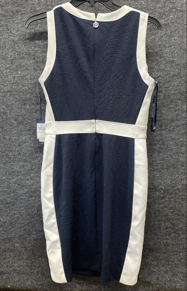 Tommy Hilfiger Women's Navy White Colorblock Textured Paisley Sheath Dress 4 NWT