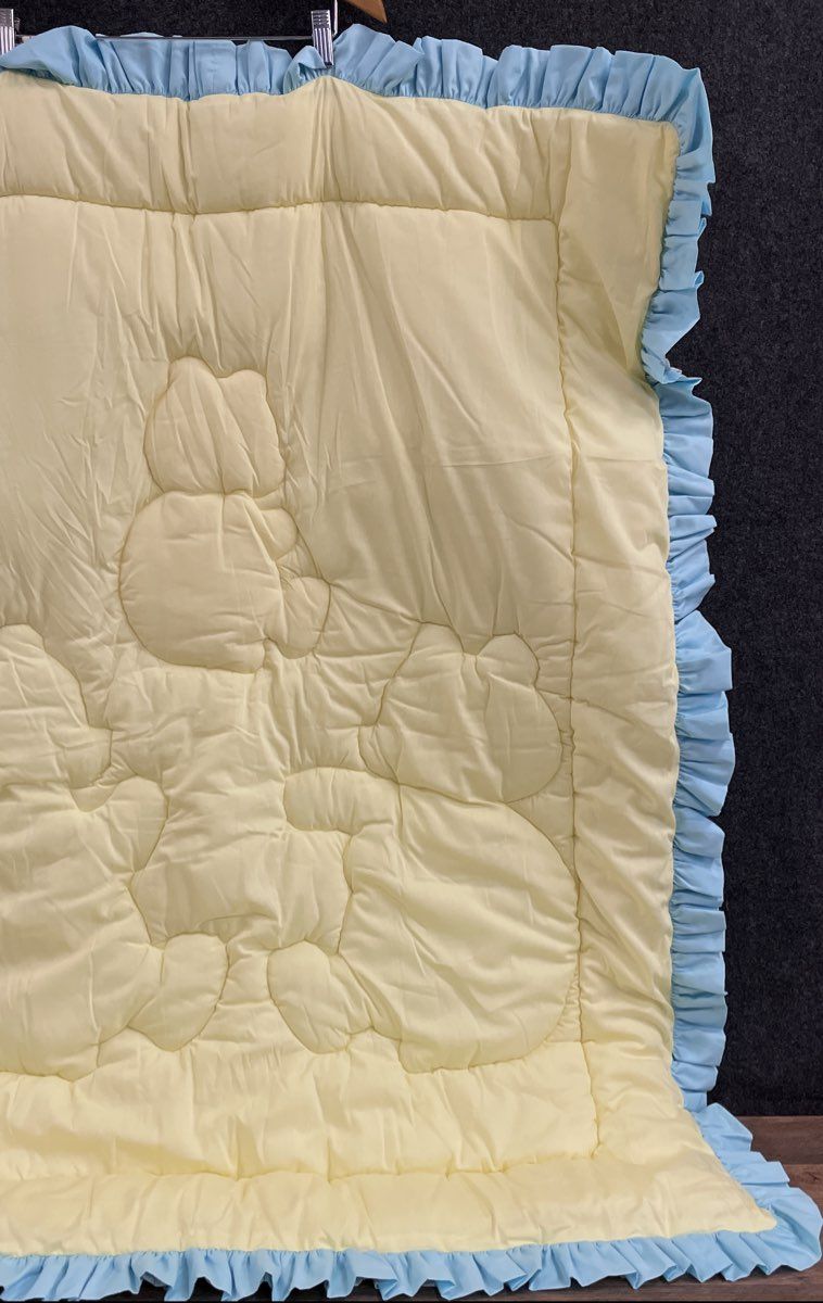 Vintage Baby Blanket Puffy Comforter Teddy Bear Applique Yellow Pink Blue Plaid