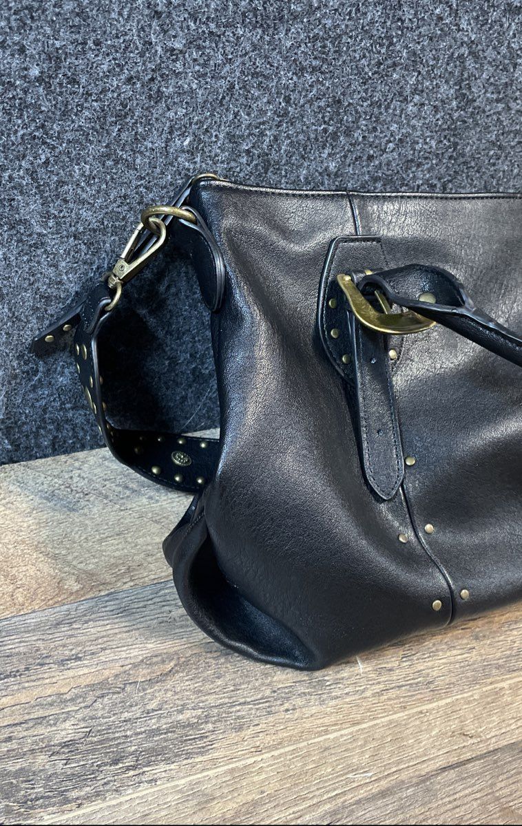 Jessica Simpson Black Faux Leather Studded Satchel Shoulder Bag Brass Hardware