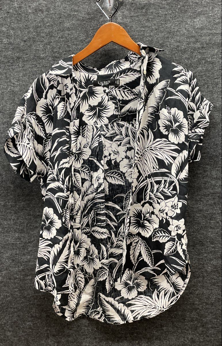 Lauren Ralph Lauren Women's Black White Floral Hibiscus Button Up Shirt Sz SP