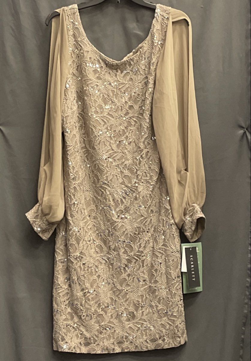 Scarlett Women's Taupe Lace Sequined Sheer Sleeve Cocktail Dress Sz 16T NWT