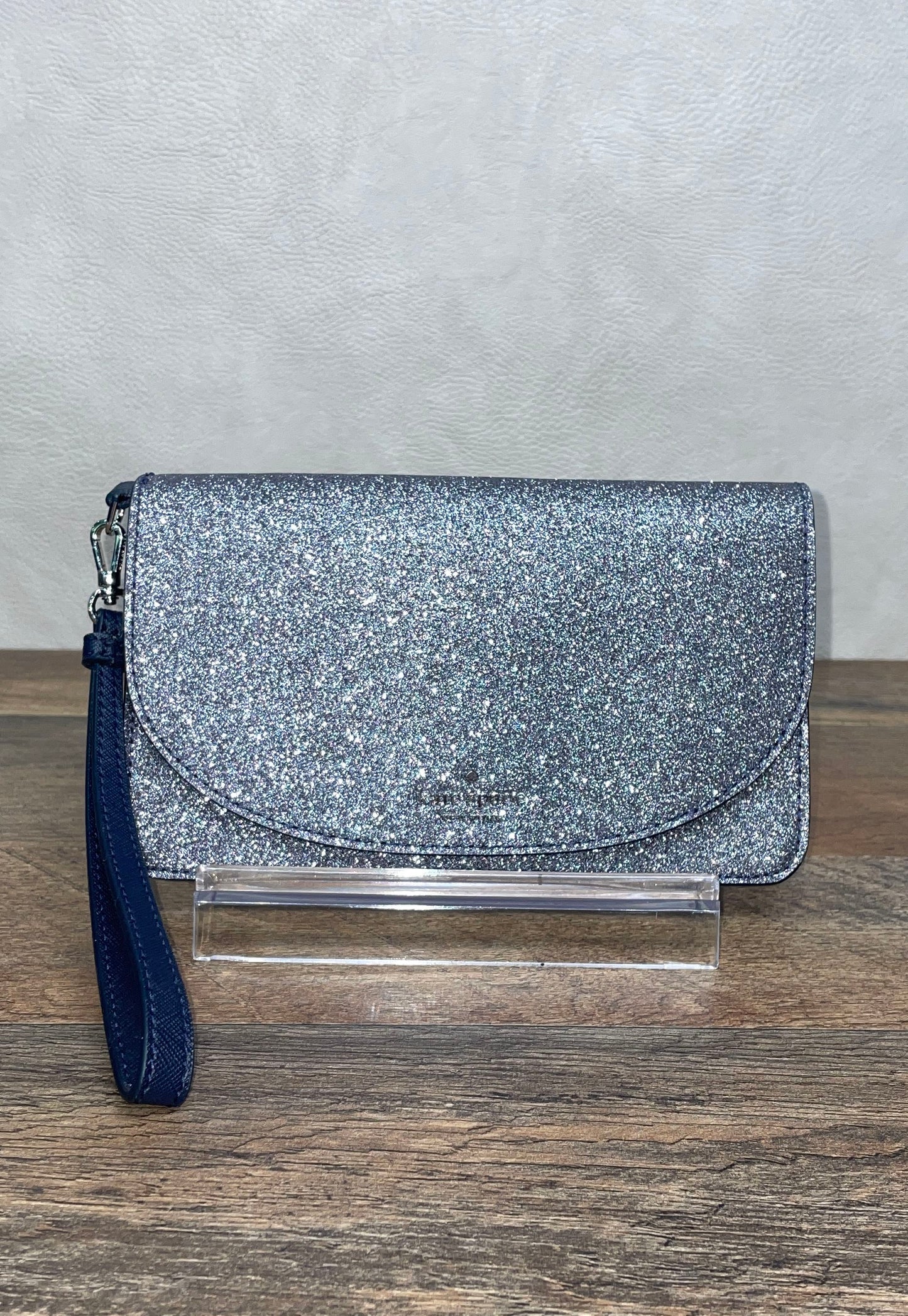 Kate Spade Silver Glitter Navy Blue Leather Trim Wristlet Clutch Bag
