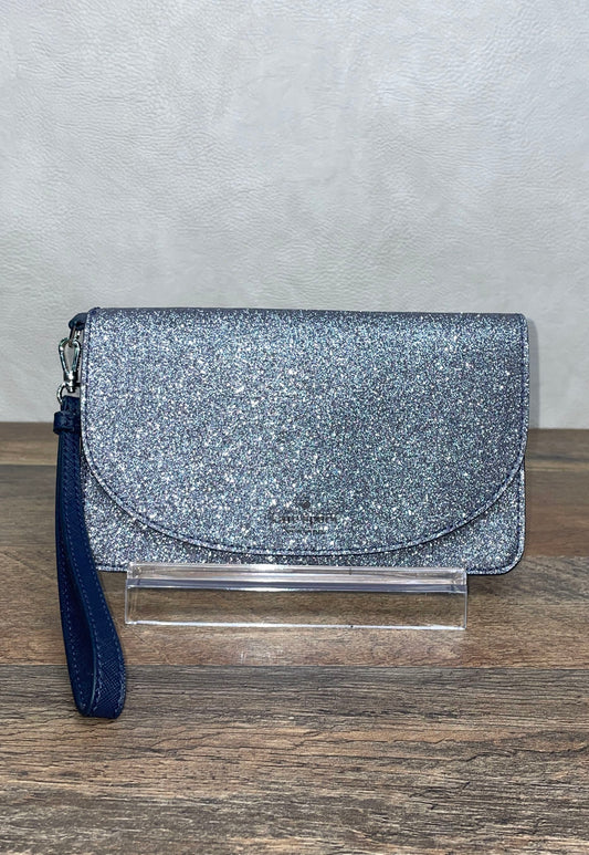 Kate Spade Silver Glitter Navy Blue Leather Trim Wristlet Clutch Bag