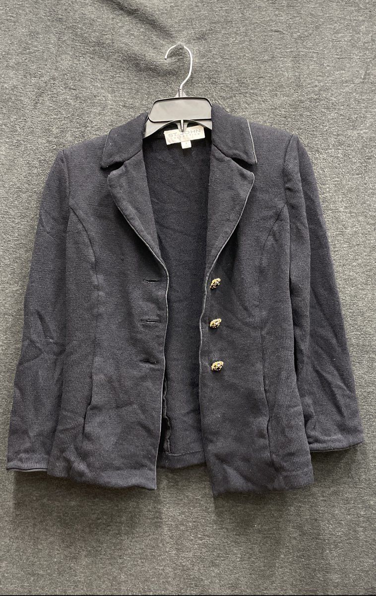 St John Collection Black Knit Blazer Jacket Ornate Gold Buttons Sz 4 USA
