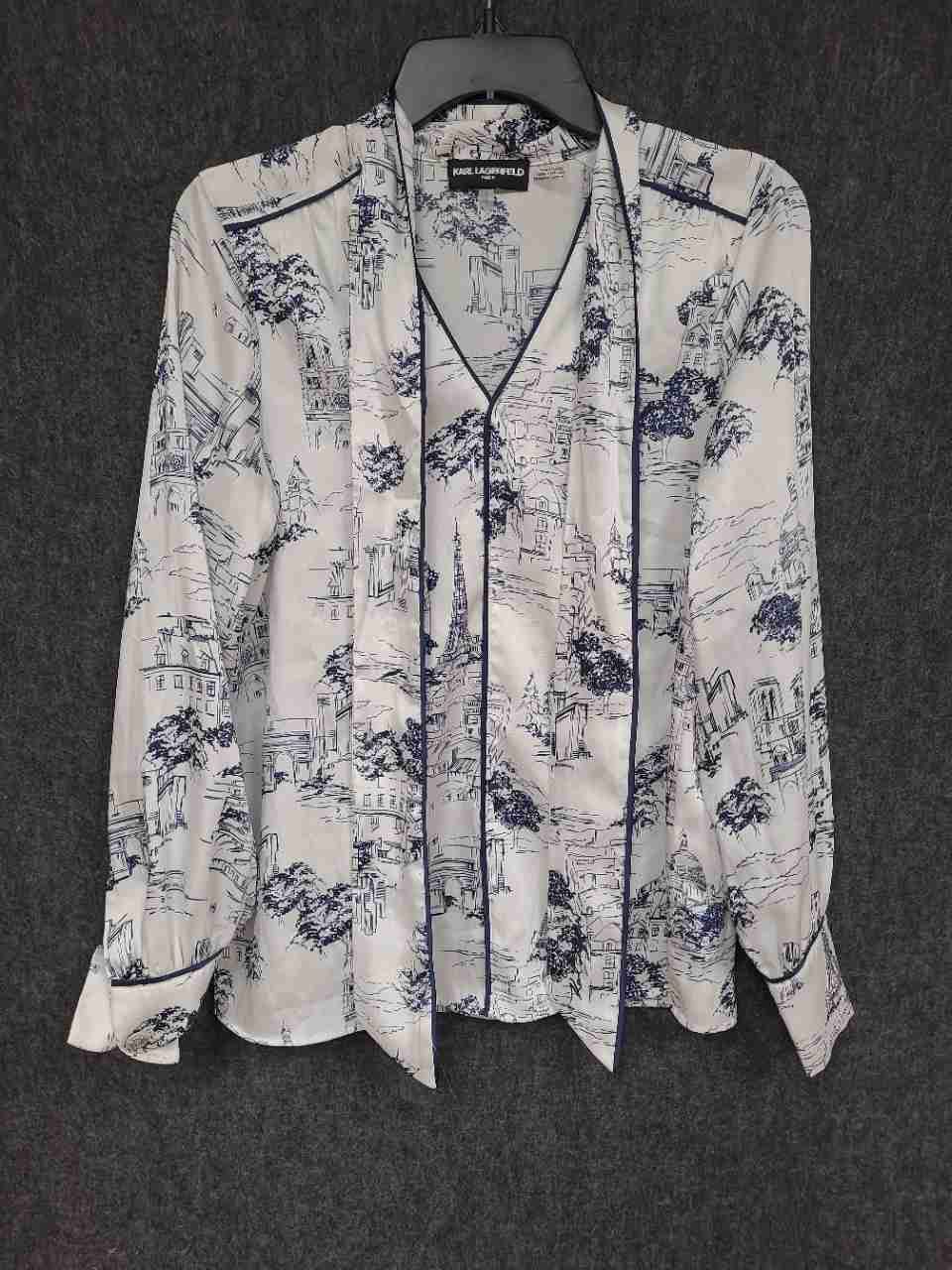 Karl Lagerfeld Paris Women's Blue White Paris Toile Tie Neck Blouse Sz P