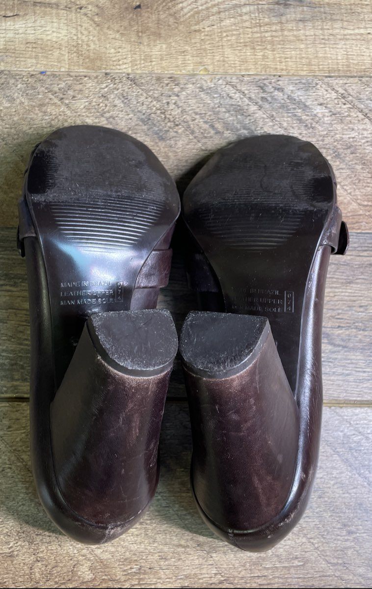 Bronx Rita Brown Leather Open Toe Chunky Heel Pumps Women's Size 37