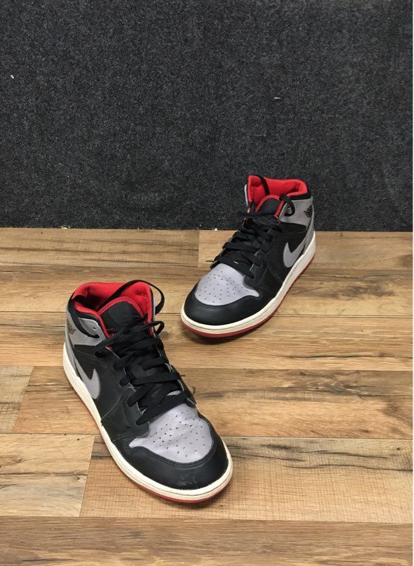 Nike Air Jordan 1 Mid GS Grey Black Red Youth Sneakers Size 7Y