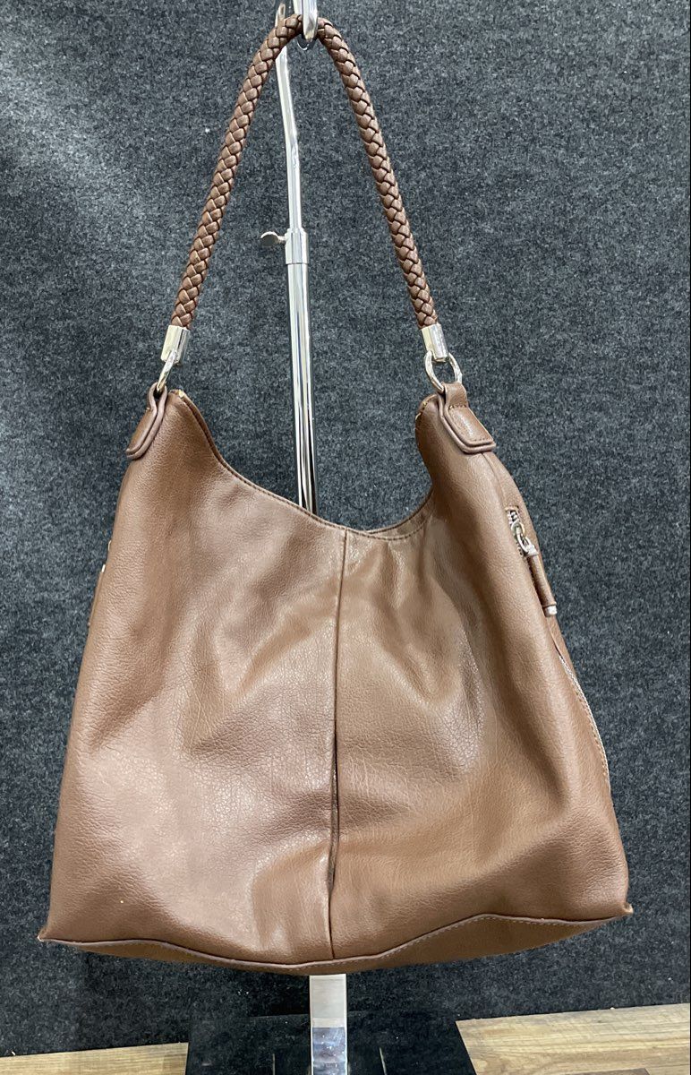 Liz Claiborne Brown Leather Shoulder Bag Braided Handle Silver Hardware