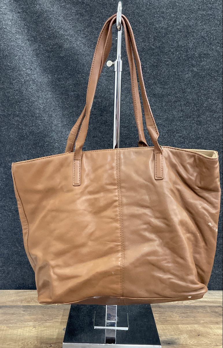 DKNY Brown Leather Large Tote Bag Silver Hardware Front Zip Pocket