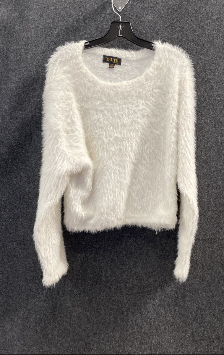 Truth by Republic Women's White Fuzzy Eyelash Knit Crewneck Sweater Size L