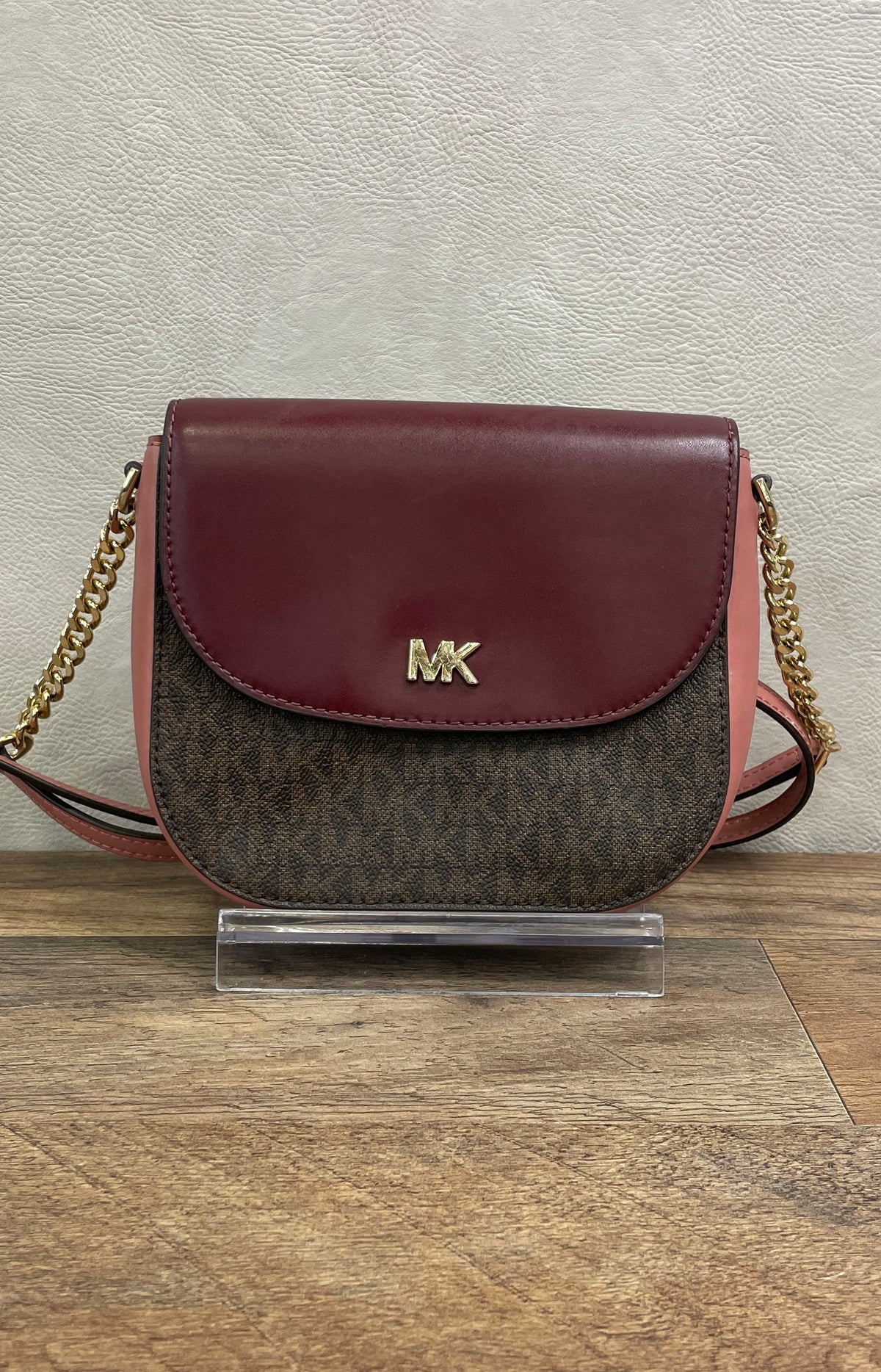 Michael Kors Maroon Brown Pink Signature Monogram Leather Crossbody Bag