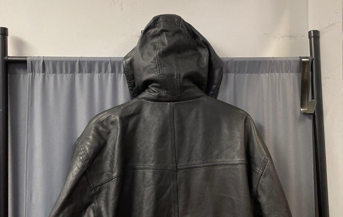 Vintage Oklahoma State Seal Black Leather Hooded Coat Women's Sz L