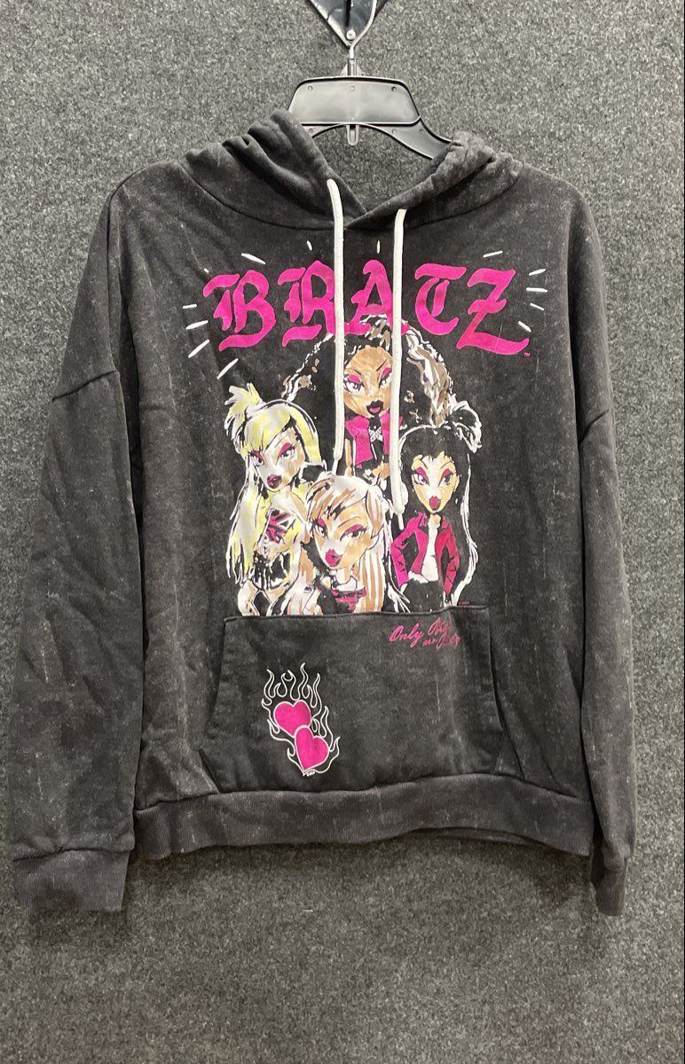 Bratz Women's Black Acid Wash Graphic Pullover Hoodie Hearts Y2K Style Sz L
