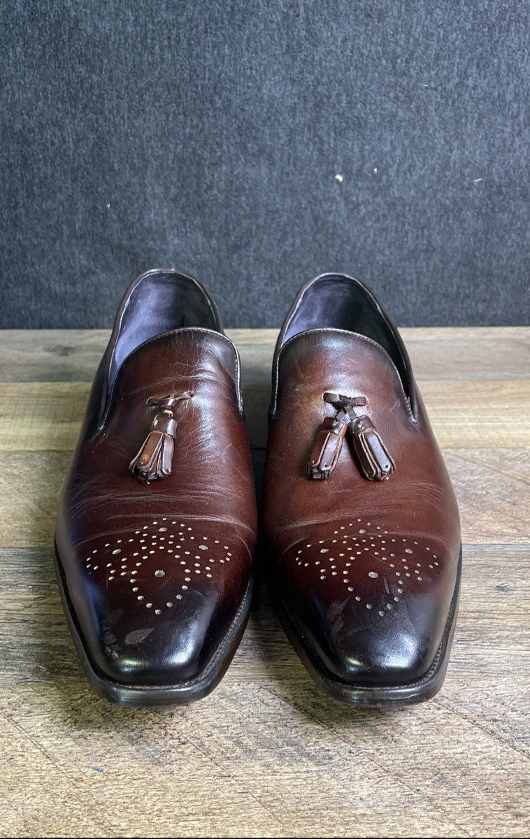 Garrucci KS503 Chestnut Dark Burgundy Leather Tassel Medallion Loafers Size 11